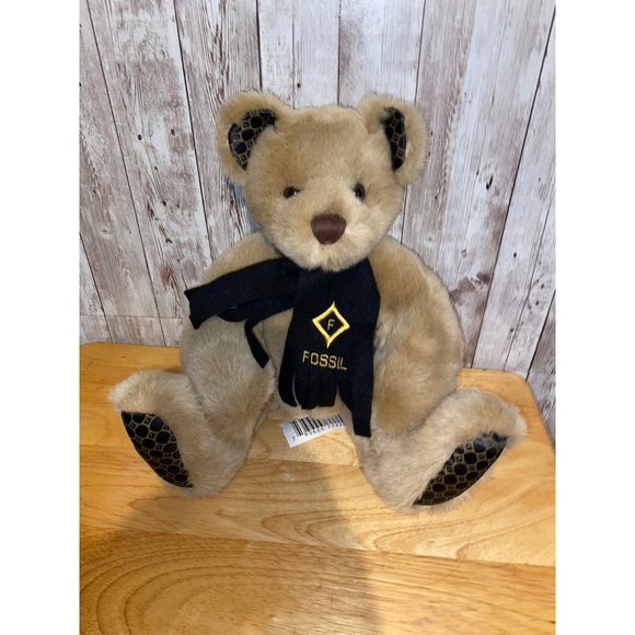 Authentic Fossil 13” Tan Plush Bear Black & Gold Felt Scarf Stuffed Animal Toy - Picture 2 of 14
